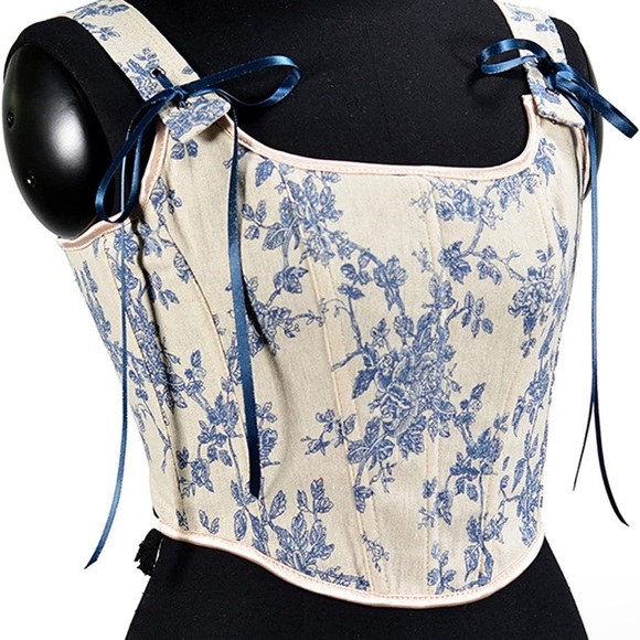 Blue Cream Floral Tapestry Corset Lace Up Top, Y2K inspired, NWT - Picture 7 of 7